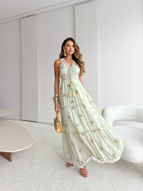 Vestido Longo - Alças Grossas - Detalhes em Dourado
